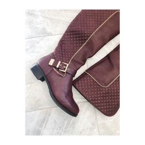 Bordeaux colored knee high quilted patch boots